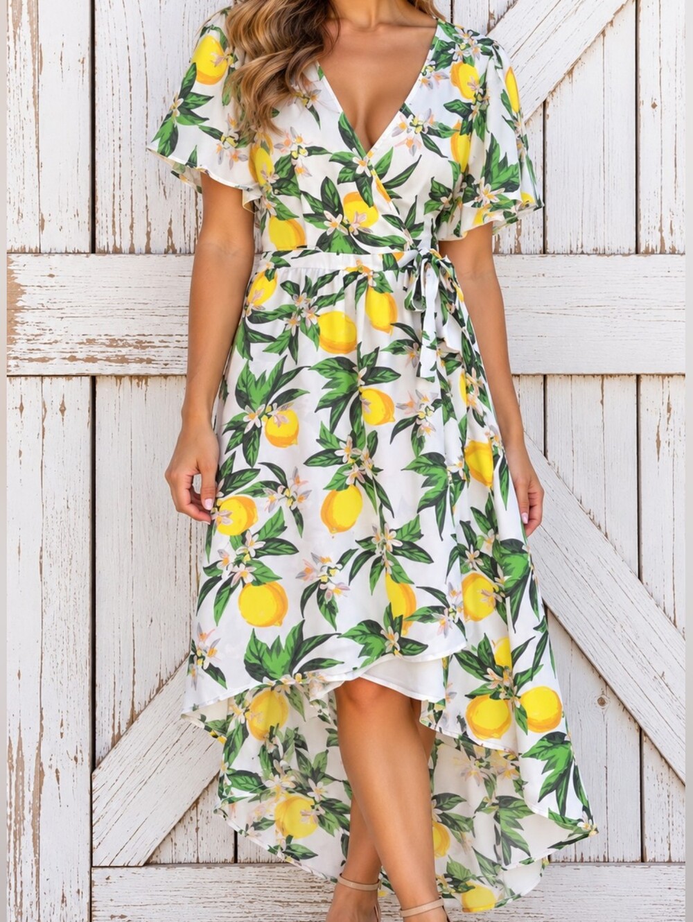 New York & Company Lemon Print Wrap High Low Dress Size XS
